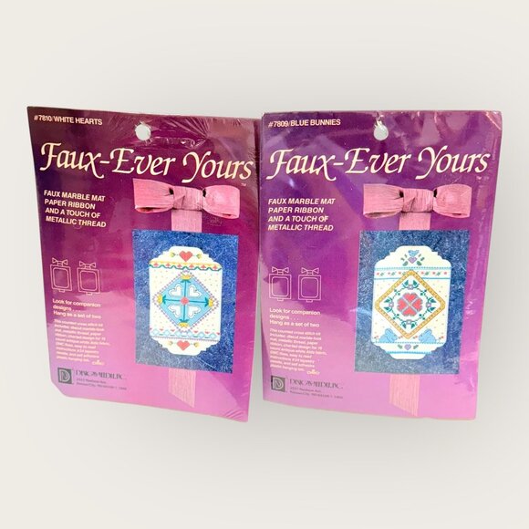 Faux-Ever Yours Cross Stitch Kit Lot Blue Bunnies 7809 White Hearts 7810 - Picture 1 of 2